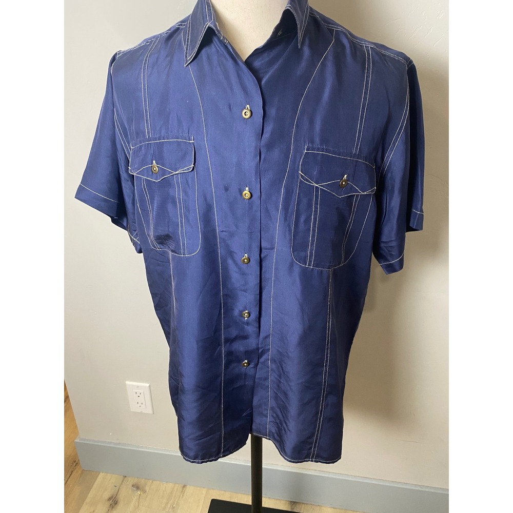 Vintage 90s Compagnie Internationale EXPRESS Blue Silk Contrast Stitch Shirt XS